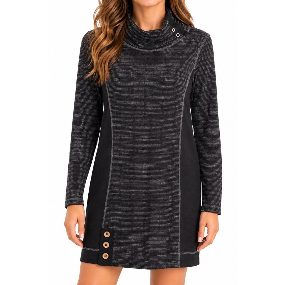 prAna Womens Sweater Dress Gray Stripe Cowl Neck Buttons Long Sleeve Size L